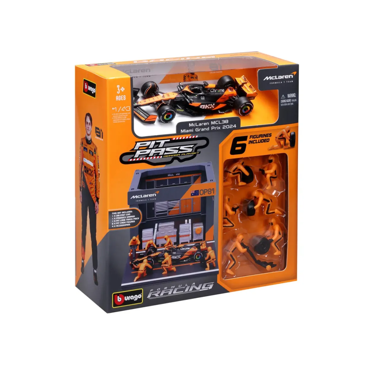 Burago 1/43 F1 McLaren MCL38 2024 Oscar Piastri Pit Pass Diorama